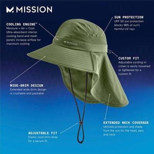 Mission olive green sun hat with labels pointing to cooling mesh panels, UPF 50 protection, and adjustable straps