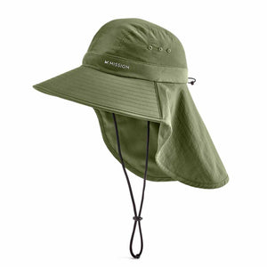 Olive green Mission sun hat with neck flap and adjustable chin strap