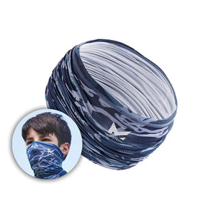 Mission blue camouflage neck gaiter with inset showing person wearing it