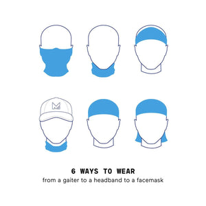 Diagram showing six different ways to wear a neck gaiter on a human head