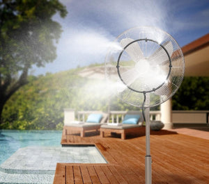 Misty Mate pedestal misting fan on a wooden pool deck