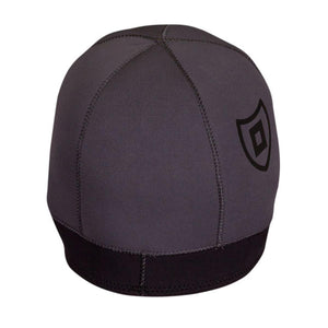 Grey neoprene surf cap with black trim and shield logo