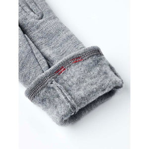Hestra grey wool glove cuff with fleece lining and red stitching detail