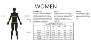 Womens size chart showing body measurement points and corresponding size ranges in inches