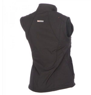 Back view of a black Mobile Warming vest with a high collar and brand logo