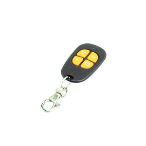 Mobile Warming black remote control with four yellow buttons and a metal keychain clip