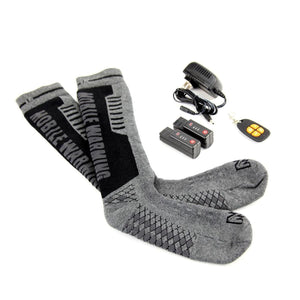 Mobile Warming heated socks with two batteries, a wall charger, and a remote control