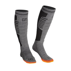 Mobile Warming grey and black knee high performance socks with orange toe detail