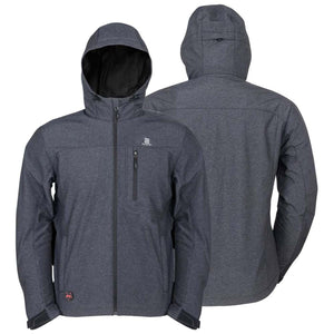 Mobile Warming charcoal grey hooded softshell jacket showing front and back views