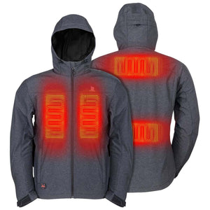 Mobile Warming grey hooded jacket showing front and back heating elements