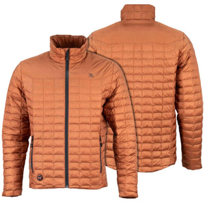 Mobile Warming copper quilted jacket showing front and back views