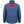 Back view of a blue Mobile Warming quilted jacket with a glowing red heating element graphic on the upper back