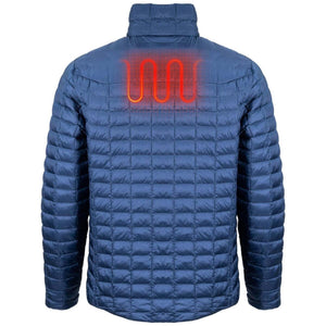 Back view of a blue Mobile Warming quilted jacket with a glowing red heating element graphic on the upper back