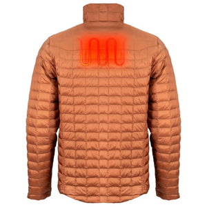 Mobile Warming copper quilted jacket back view with glowing red heating element graphic