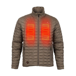 Mobile Warming brown quilted heated jacket with glowing red chest heating elements