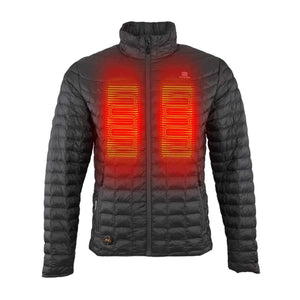 Mobile Warming black quilted heated jacket with glowing red chest heating elements