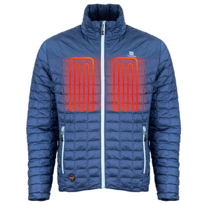 Mobile Warming blue quilted heated jacket with glowing red heating elements on chest