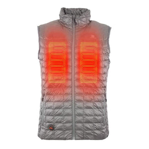 Mobile Warming grey quilted heated vest with glowing red heating elements on the chest