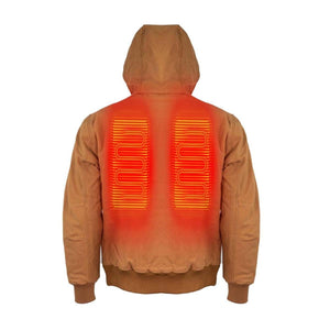 Back view of Mobile Warming brown hooded jacket showing internal heating elements