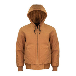 Mobile Warming brown hooded canvas work jacket with front zipper and ribbed cuffs