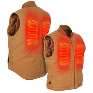 Mobile Warming tan heated vest showing front and back heating elements