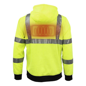 Back view of high visibility yellow Mobile Warming hoodie with reflective strips and heated back panel