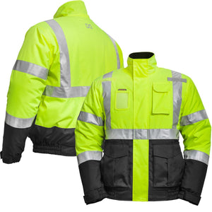 Mobile Warming high visibility yellow and black safety jacket with reflective strips