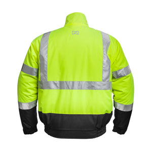 Back view of Mobile Warming high visibility yellow safety jacket with reflective strips and black trim