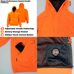 Mobile Warming Phase Performance heated hoodie features including pullstrings battery pocket and touch control button
