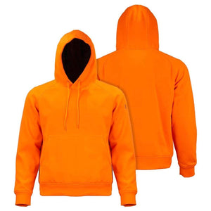 Mobile Warming bright orange hooded sweatshirt shown from front and back views