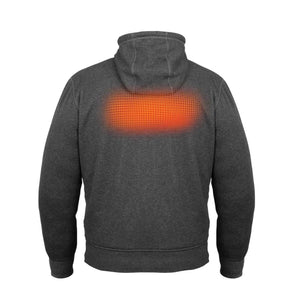 Back view of a grey Mobile Warming heated hoodie showing the glowing orange heating element on the upper back