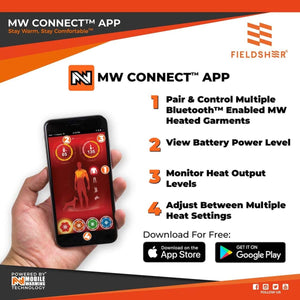 Mobile Warming MW Connect app features for pairing controlling and monitoring heated garments