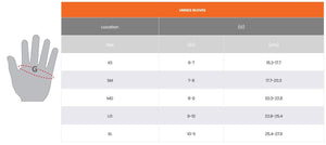 Mobile Warming unisex glove size chart showing hand measurement G in inches and centimeters