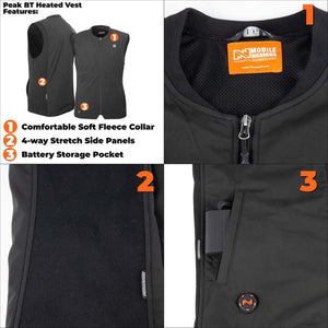 Mobile Warming Peak BT heated vest showing fleece collar, stretch side panels, and battery storage pocket features