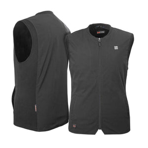 Mobile Warming black heated vest shown from front and side angles