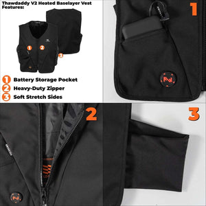 Fieldsheer Thawdaddy V2 heated baselayer vest showing battery pocket, heavy duty zipper, and stretch side panels