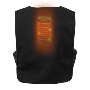 Black heated vest showing internal heating element on the back