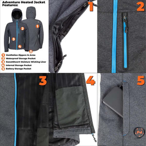 Adventure heated jacket features including ventilation zippers waterproof pocket moisture wicking liner and battery pocket