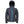 Dark grey hooded softshell jacket with bright blue zippers and a power button on the lower front