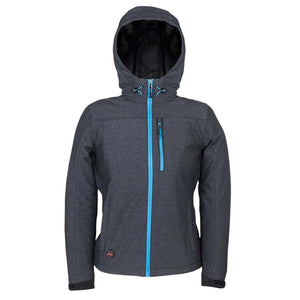 Dark grey hooded softshell jacket with bright blue zippers and a power button on the lower front