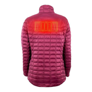 Back view of a magenta quilted heated jacket showing the internal heating element graphic across the upper back