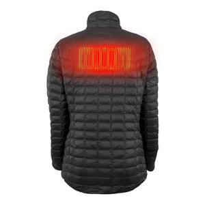 Back view of black quilted heated jacket showing internal heating element placement