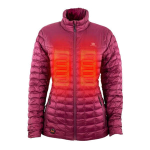 Fieldsheer women's burgundy heated puffer jacket with visible heating elements on the chest