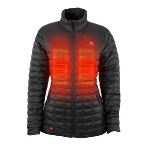 Fieldsheer black heated puffer jacket with glowing red chest heating elements
