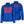 Blue quilted heated jacket with orange zipper and visible heating element zones on chest and back