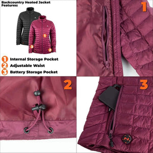 Backcountry heated jacket features showing internal pocket adjustable waist and battery storage pocket