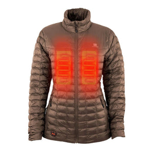 Mobile Warming brown quilted heated jacket with glowing chest heating elements