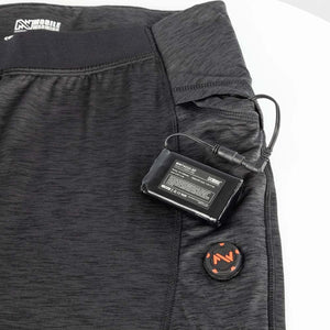 Mobile Warming heated pants with battery pack connected to power port