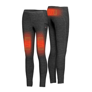 Charcoal grey heated leggings with glowing orange heating elements on the thighs and lower back