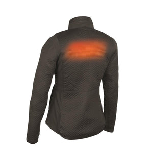 Back view of black Mobile Warming quilted jacket with glowing orange heating element on upper back